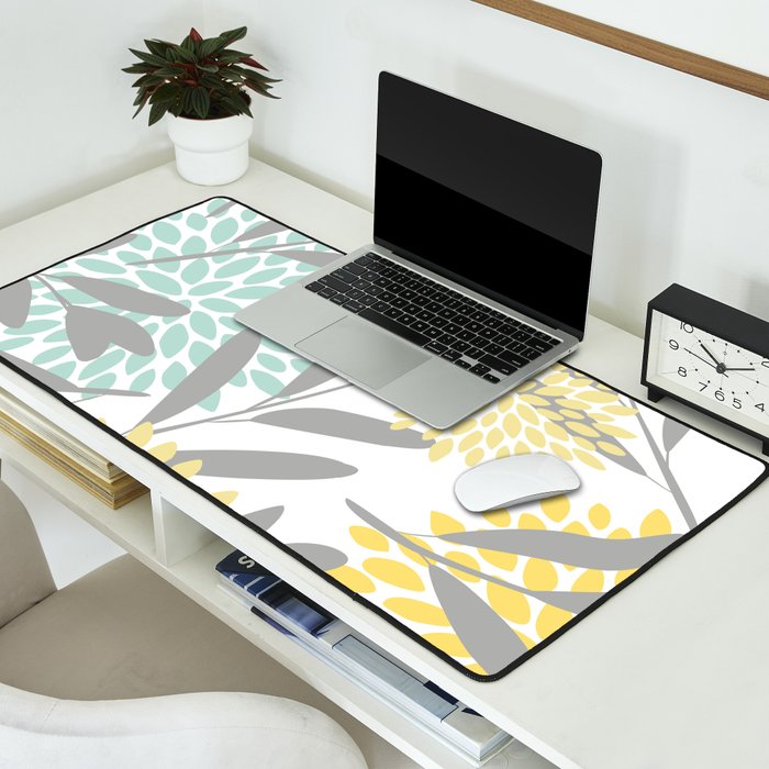Floral Prints, Leaves and Blooms, Gray, Yellow and Aqua Desk Mat Gallery Image 2
