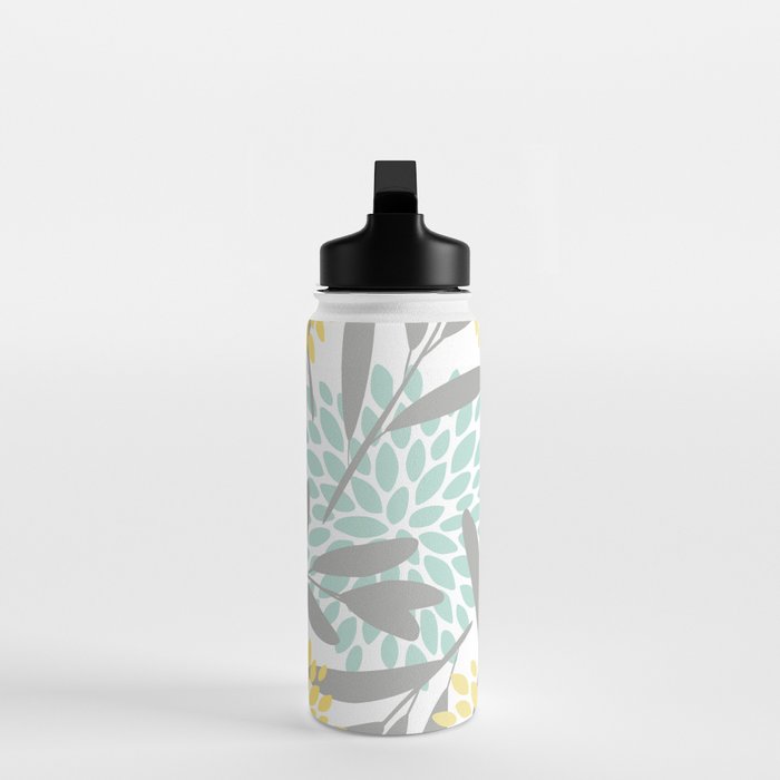 Floral Prints, Leaves and Blooms, Gray, Yellow and Aqua Water Bottle Gallery Image 3