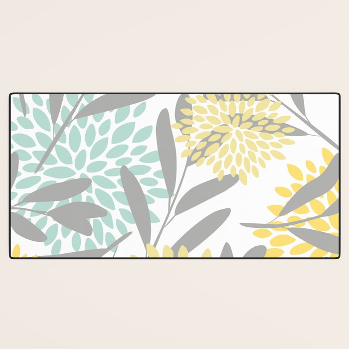 Floral Prints, Leaves and Blooms, Gray, Yellow and Aqua Desk Mat Gallery Image 3