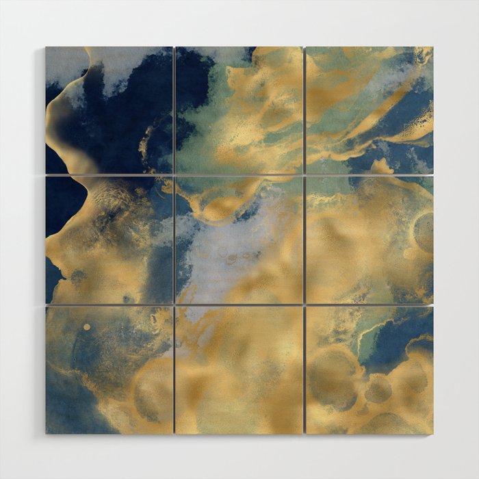 Blue and Gold Textured Abstract Marble Art Print Wood Wall Art Gallery Image 1