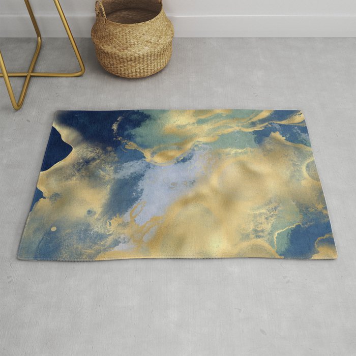 Blue and Gold Textured Abstract Marble Art Print Rug Gallery Image 1