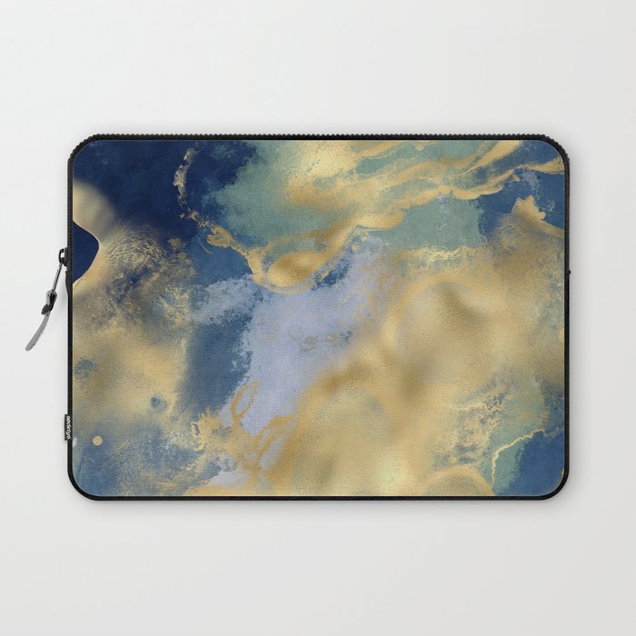 Blue and Gold Textured Abstract Marble Art Print Laptop Sleeve Gallery Image 1