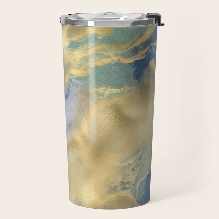 Blue and Gold Textured Abstract Marble Art Print Travel Mug Gallery Image 2