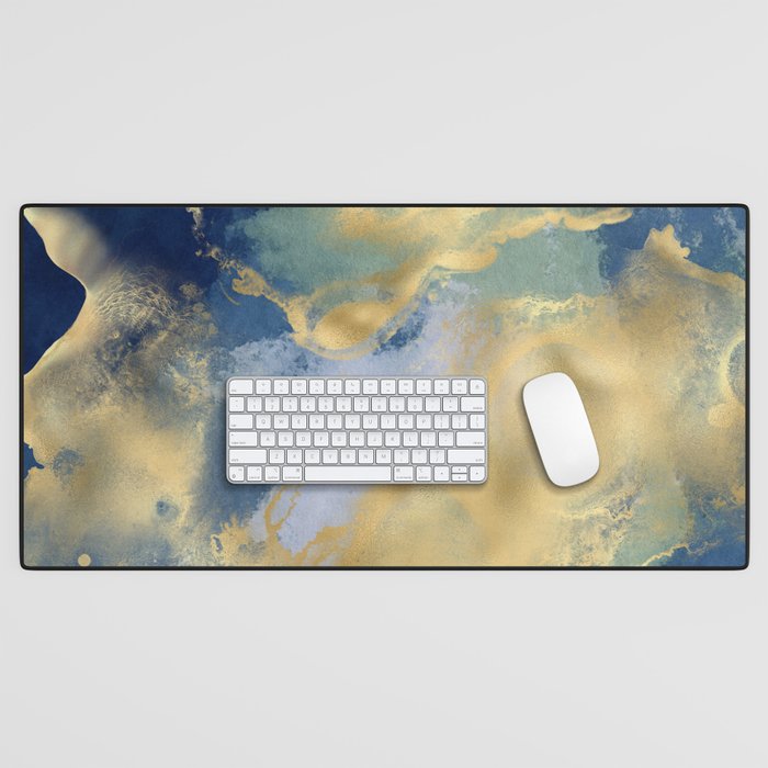 Blue and Gold Textured Abstract Marble Art Print Desk Mat Gallery Image 1