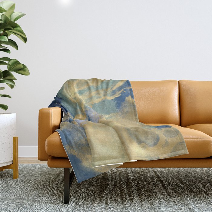 Blue and Gold Textured Abstract Marble Art Print Throw Blanket Gallery Image 1