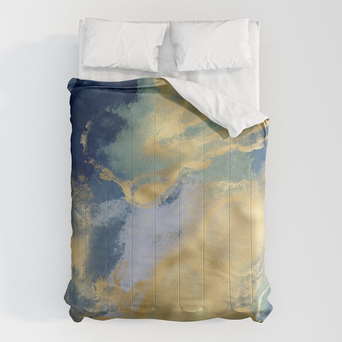Blue and Gold Textured Abstract Marble Art Print Comforter Gallery Image 1