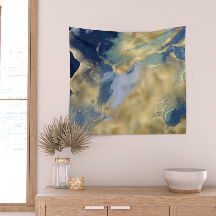 Blue and Gold Textured Abstract Marble Art Print Wall Tapestry Gallery Image 2