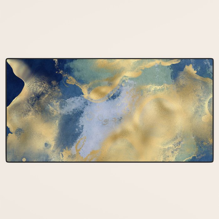 Blue and Gold Textured Abstract Marble Art Print Desk Mat Gallery Image 3