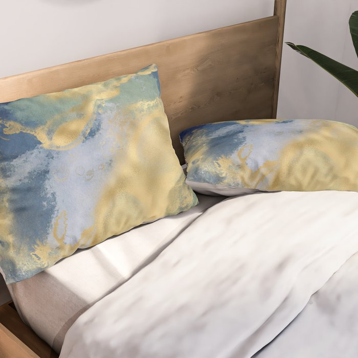 Blue and Gold Textured Abstract Marble Art Print Pillow Sham Gallery Image 2
