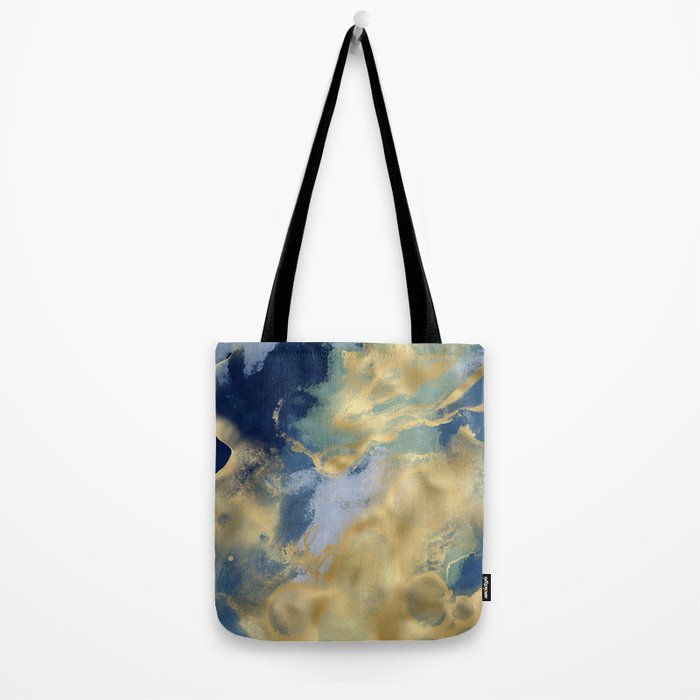 Blue and Gold Textured Abstract Marble Art Print Tote Bag Gallery Image 2