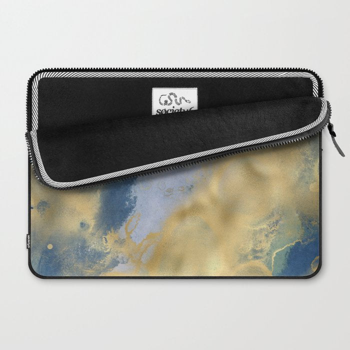 Blue and Gold Textured Abstract Marble Art Print Laptop Sleeve Gallery Image 2