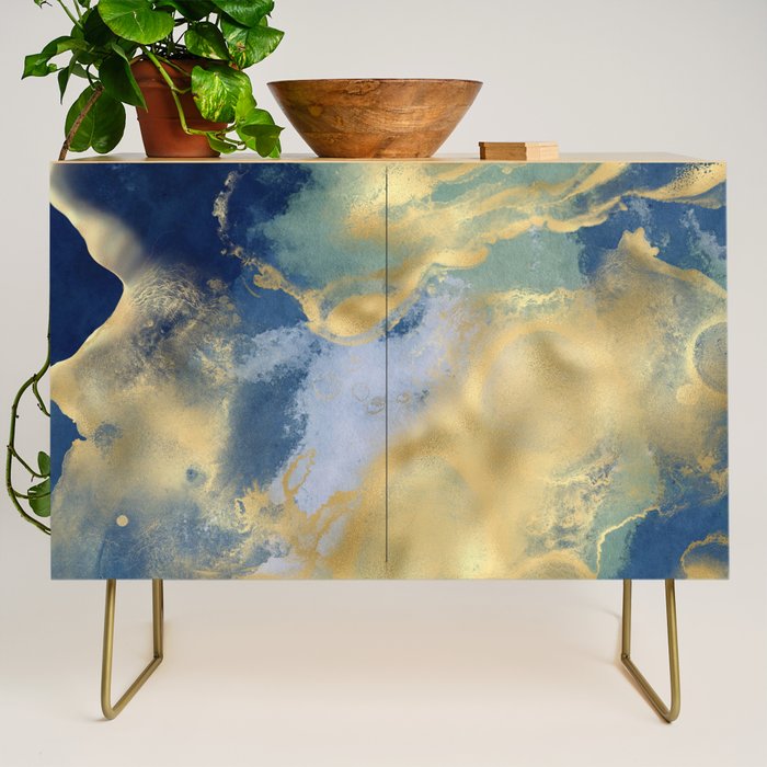 Blue and Gold Textured Abstract Marble Art Print Credenza Gallery Image 1