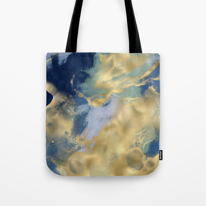 Blue and Gold Textured Abstract Marble Art Print Tote Bag Gallery Image 1