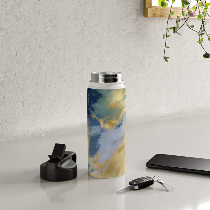 Blue and Gold Textured Abstract Marble Art Print Water Bottle Gallery Image 4