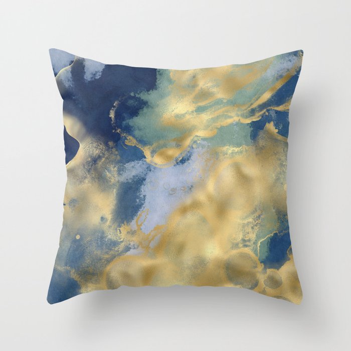 Blue and Gold Textured Abstract Marble Art Print Throw Pillow Gallery Image 1