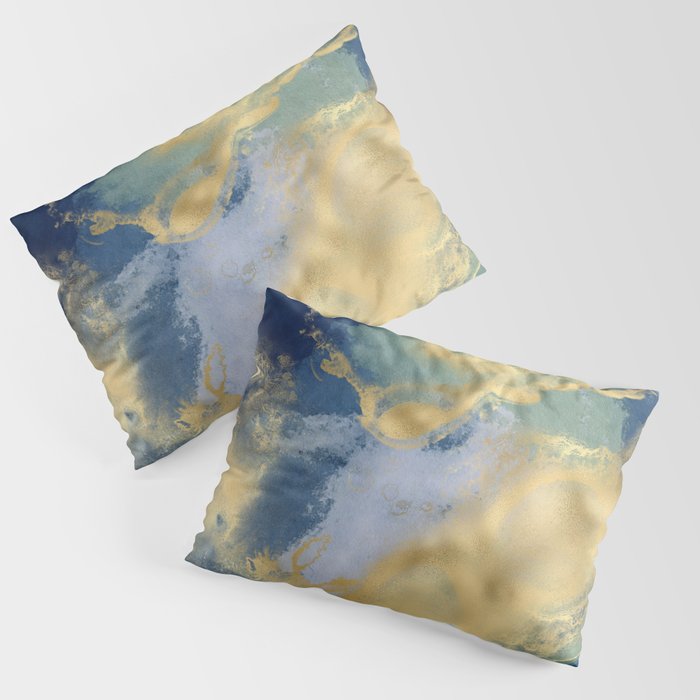 Blue and Gold Textured Abstract Marble Art Print Pillow Sham Gallery Image 3