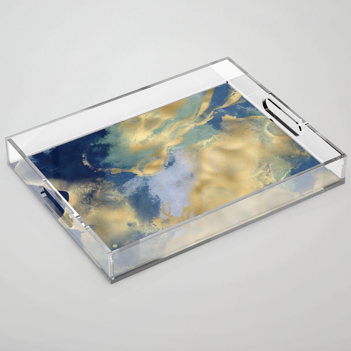 Blue and Gold Textured Abstract Marble Art Print Acrylic Tray Gallery Image 1