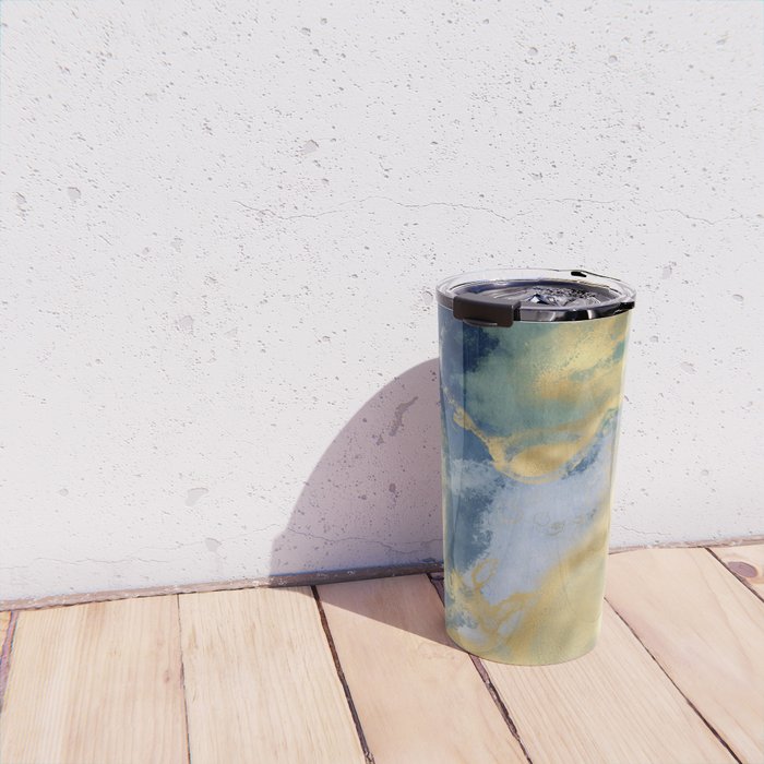 Blue and Gold Textured Abstract Marble Art Print Travel Mug Gallery Image 4