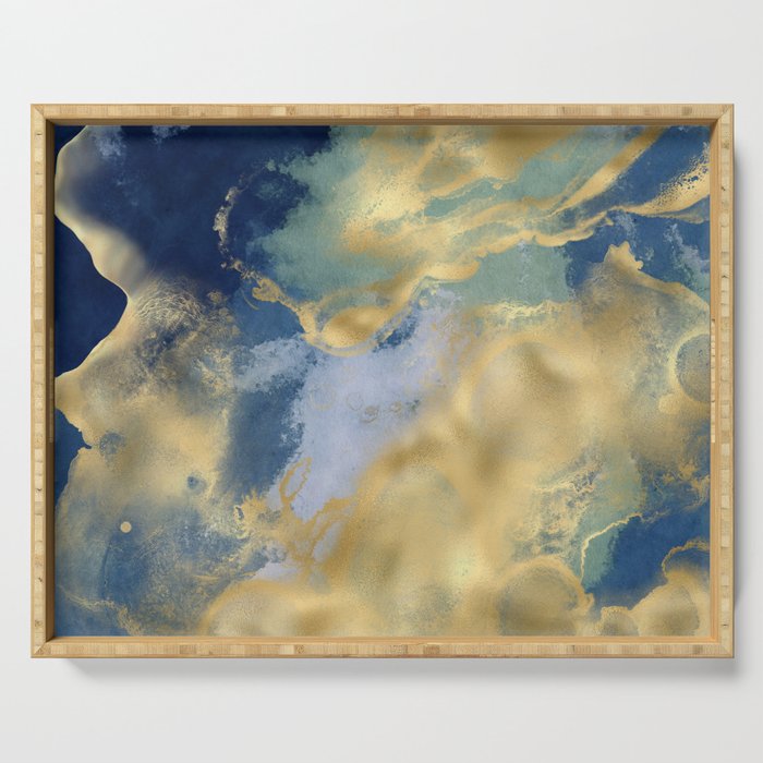 Blue and Gold Textured Abstract Marble Art Print Serving Tray Gallery Image 1