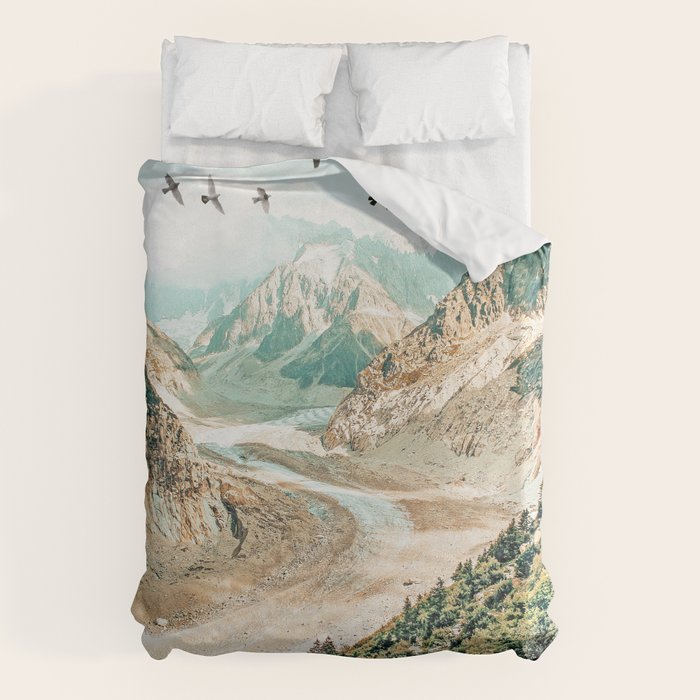 Apricity, Scenic Neutral Pastel Nature Travel Photography, Mountains Exotic Birds Landscape Path Duvet Cover Gallery Image 1