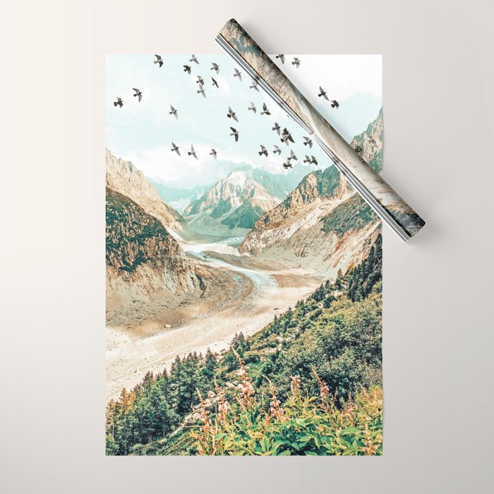 Apricity, Scenic Neutral Pastel Nature Travel Photography, Mountains Exotic Birds Landscape Path Wrapping Paper Gallery Image 1