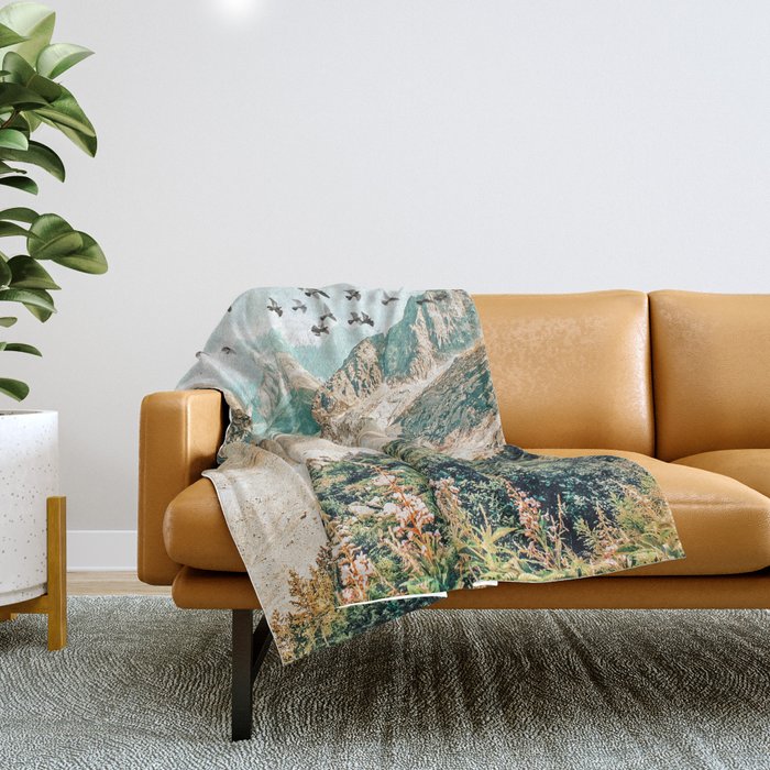 Apricity, Scenic Neutral Pastel Nature Travel Photography, Mountains Exotic Birds Landscape Path Throw Blanket Gallery Image 1