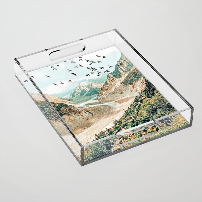 Apricity, Scenic Neutral Pastel Nature Travel Photography, Mountains Exotic Birds Landscape Path Acrylic Tray Gallery Image 1