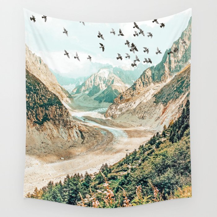 Apricity, Scenic Neutral Pastel Nature Travel Photography, Mountains Exotic Birds Landscape Path Wall Tapestry Gallery Image 1