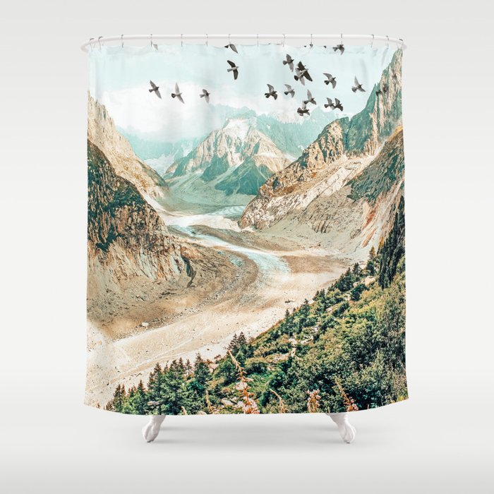 Apricity, Scenic Neutral Pastel Nature Travel Photography, Mountains Exotic Birds Landscape Path Shower Curtain Gallery Image 1
