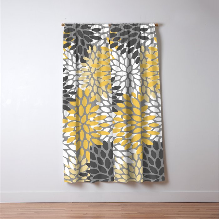 Modern Elegant Chic Floral Pattern, Soft Yellow, Gray, White Window Curtain Gallery Image 3