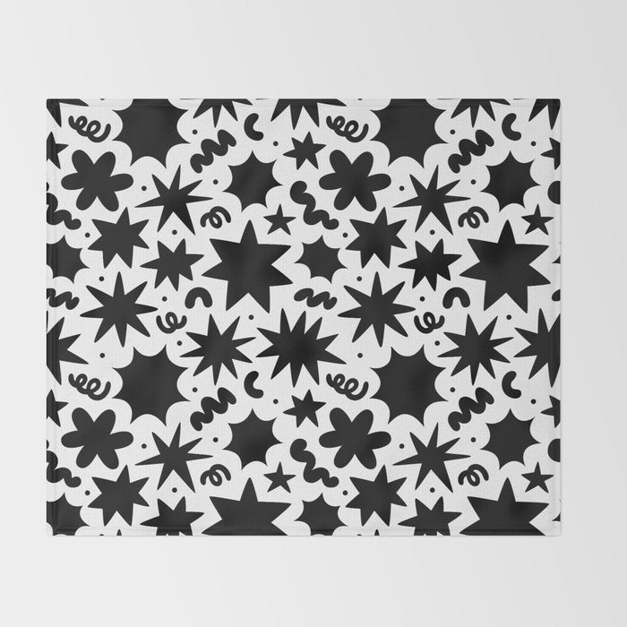 Black and white fun star doodle pattern Throw Blanket Gallery Image 2