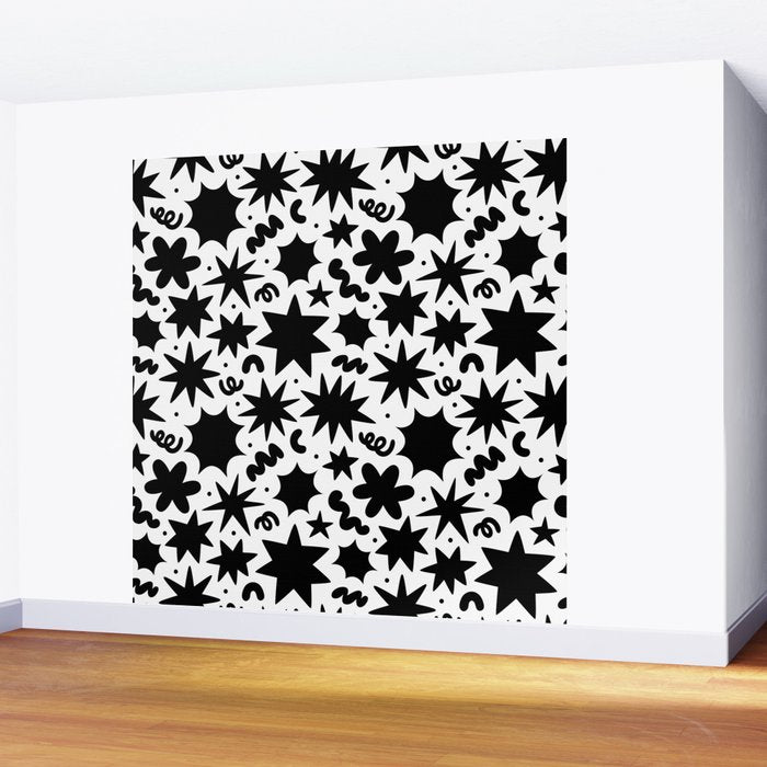 Black and white fun star doodle pattern Wall Mural Gallery Image 2