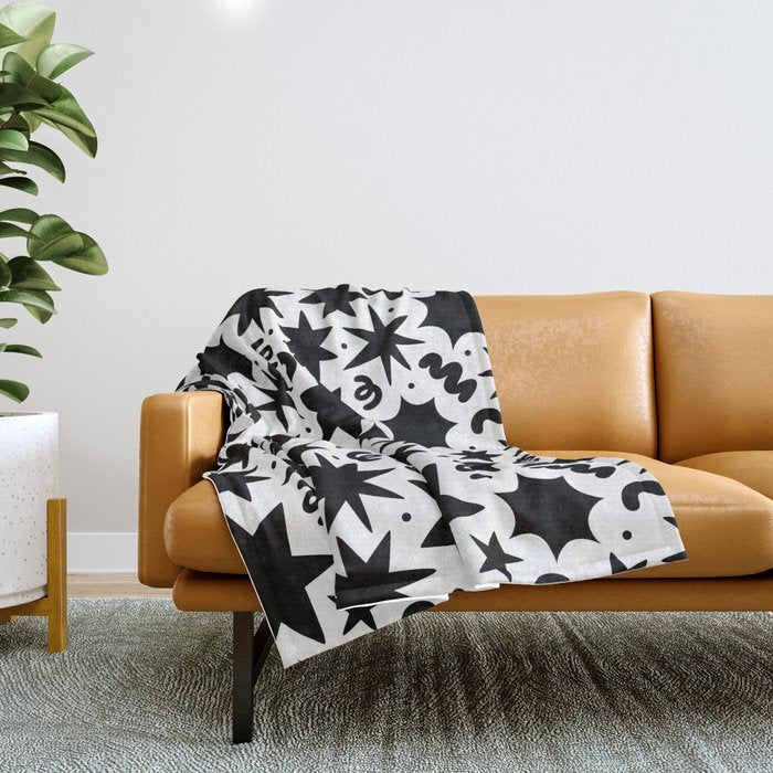 Black and white fun star doodle pattern Throw Blanket Gallery Image 1