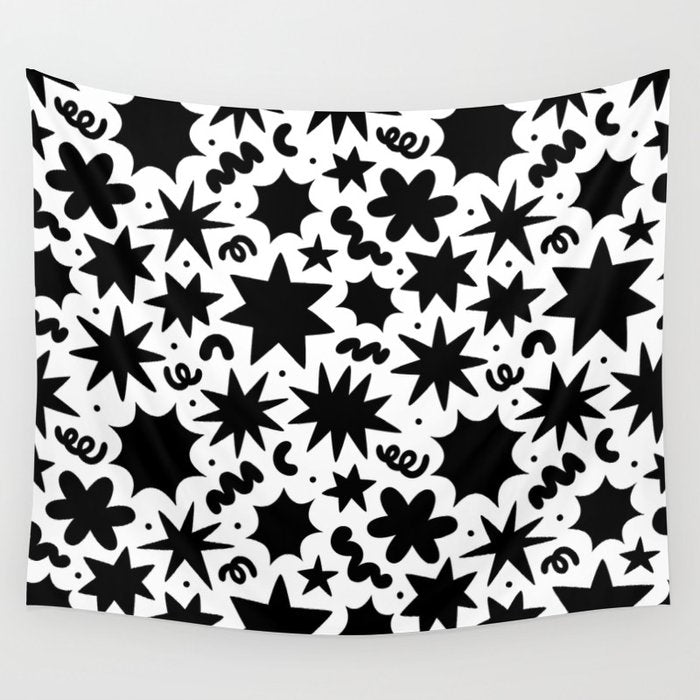 Black and white fun star doodle pattern Wall Tapestry Gallery Image 4