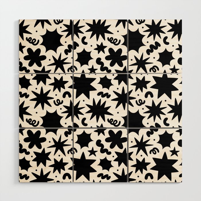 Black and white fun star doodle pattern Wood Wall Art Gallery Image 1