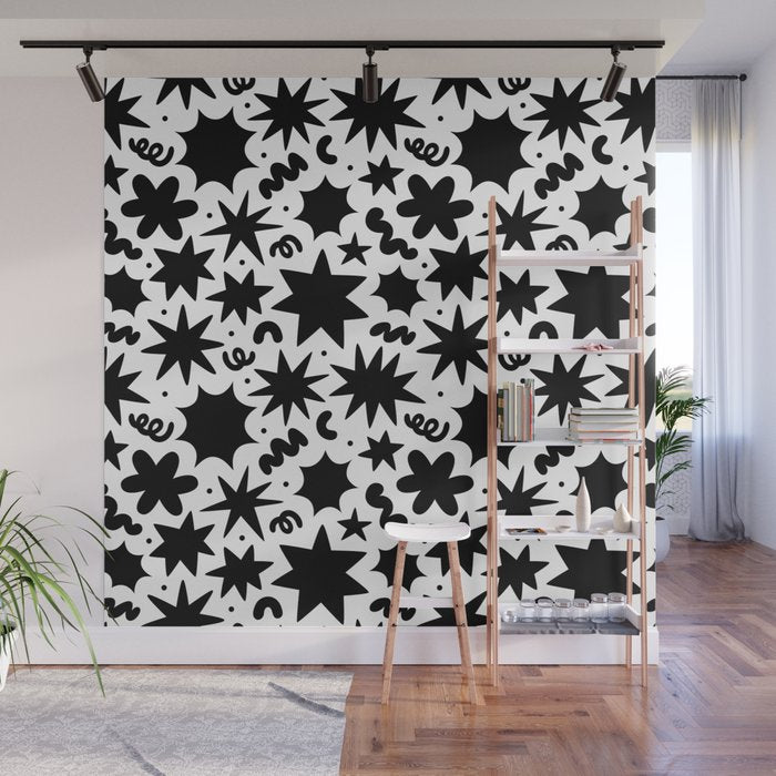 Black and white fun star doodle pattern Wall Mural Gallery Image 1