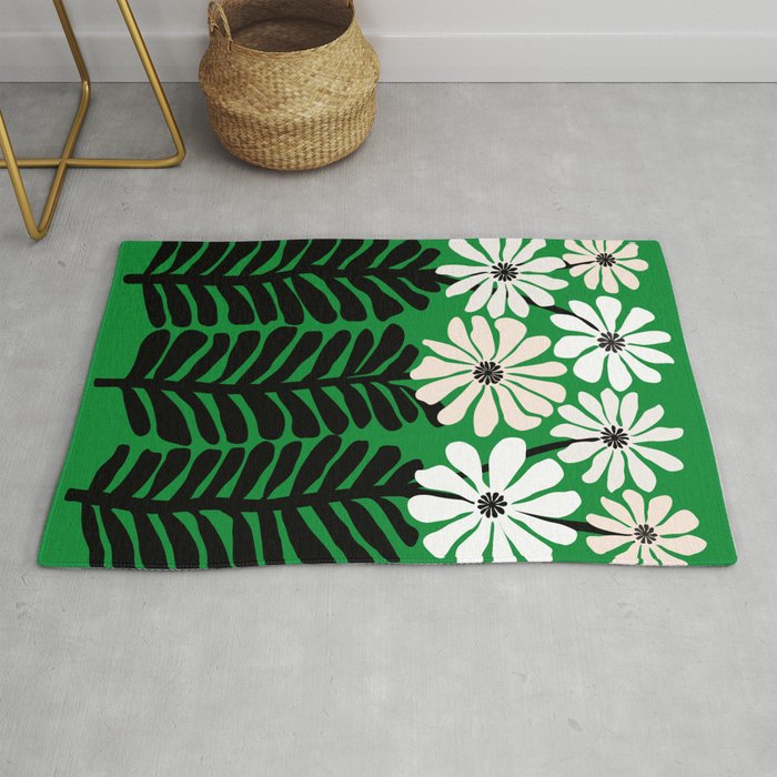 Mod Flower Garden - Black and White on Green Rug Gallery Image 1