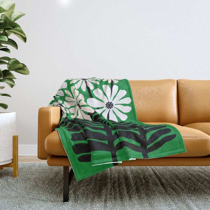 Mod Flower Garden - Black and White on Green Throw Blanket Gallery Image 1