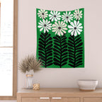 Mod Flower Garden - Black and White on Green Wall Tapestry Gallery Image 2