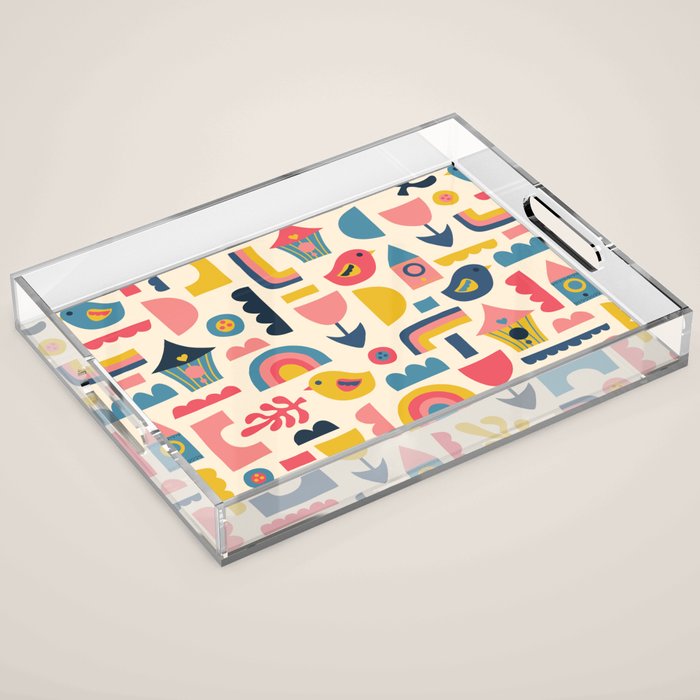 Scandinavian Birds Flowers Rainbows Kids Pattern Acrylic Tray Gallery Image 1