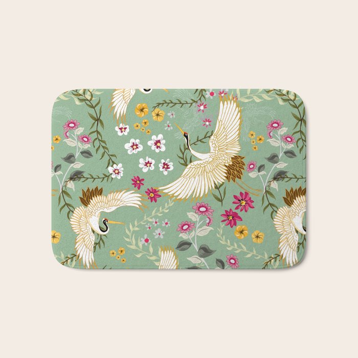 Chinoiserie Cranes on green birds vintage Bath Mat Gallery Image 1