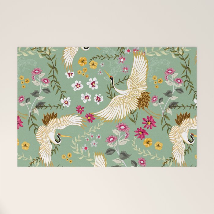 Chinoiserie Cranes on green birds vintage Welcome Mat Gallery Image 1