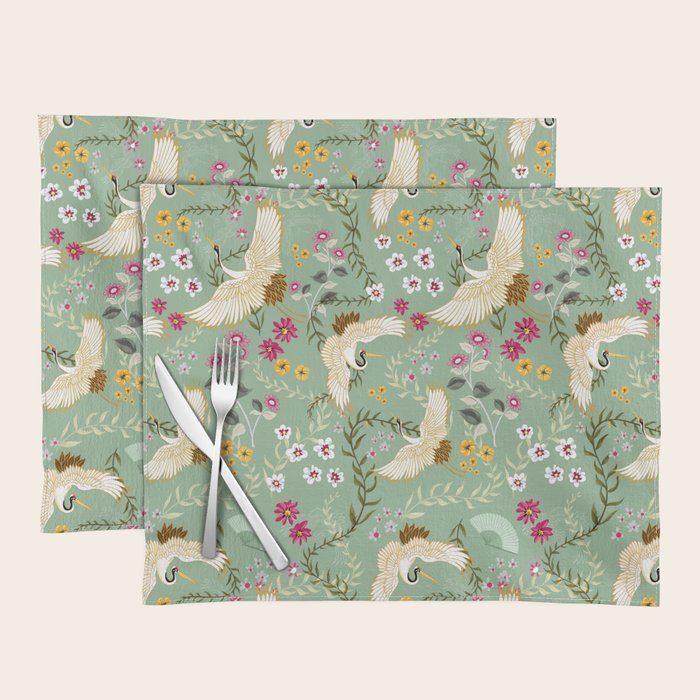 Chinoiserie Cranes on green birds vintage Placemat Gallery Image 1