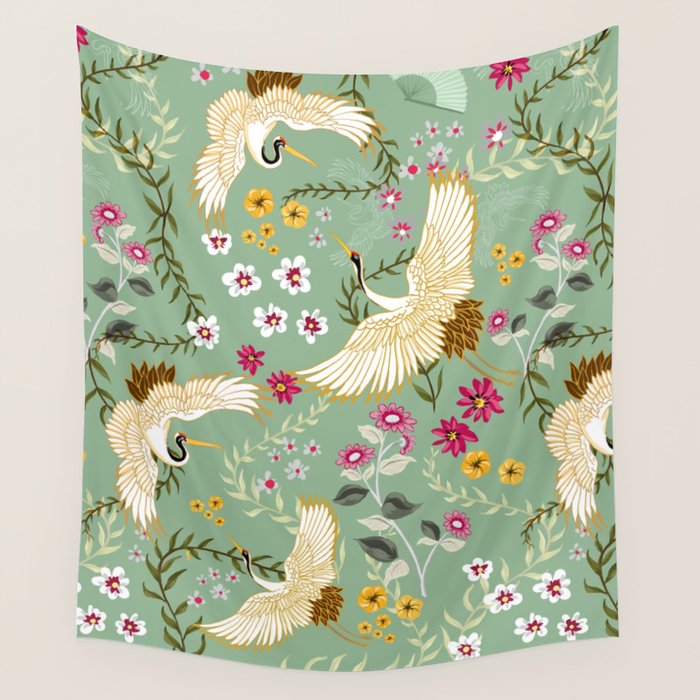 Chinoiserie Cranes on green birds vintage Wall Tapestry Gallery Image 1