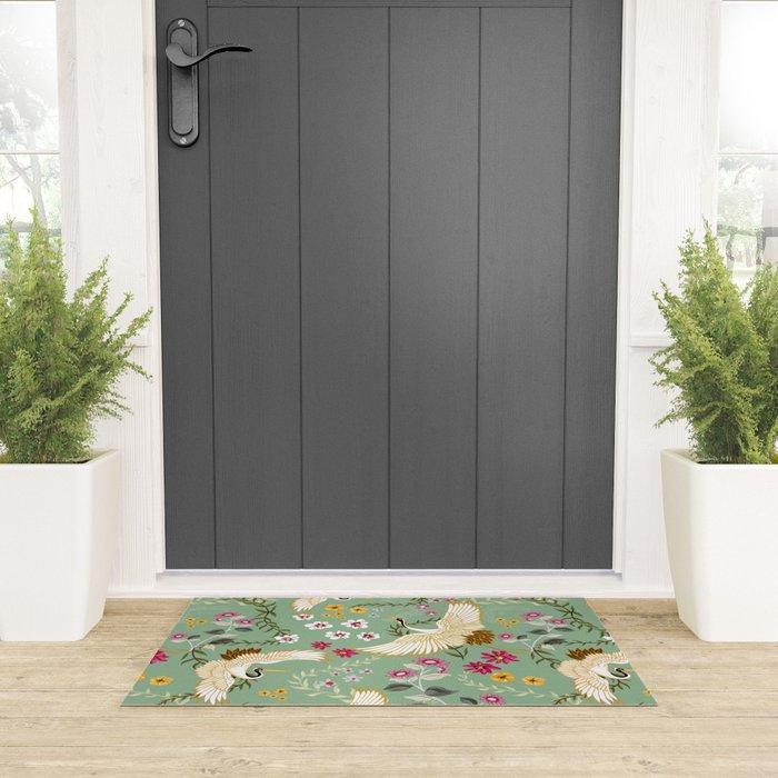 Chinoiserie Cranes on green birds vintage Welcome Mat Gallery Image 3