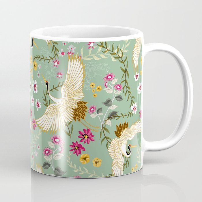 Chinoiserie Cranes on green birds vintage Coffee Mug Gallery Image 1