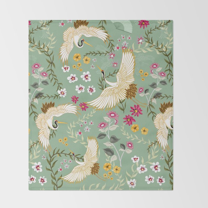 Chinoiserie Cranes on green birds vintage Throw Blanket Gallery Image 2