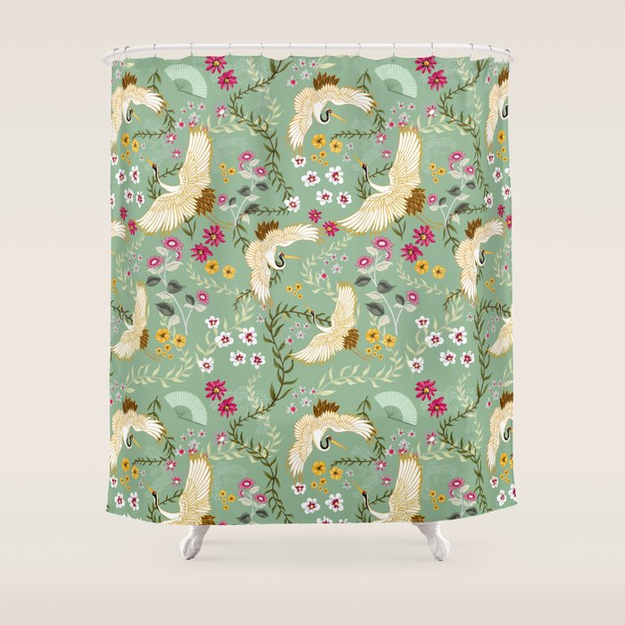 Chinoiserie Cranes on green birds vintage Shower Curtain Gallery Image 1