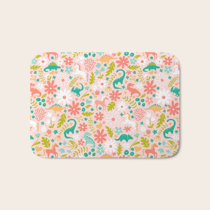 Dinosaurs + Unicorns in Pink + Teal Bath Mat Gallery Image 1