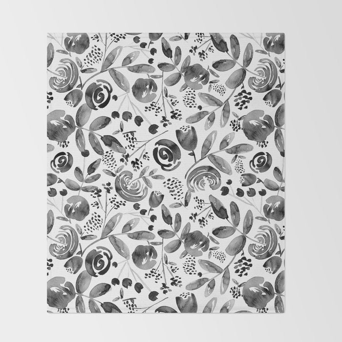 Bountiful Bouquet Black Watercolor Throw Blanket Gallery Image 2